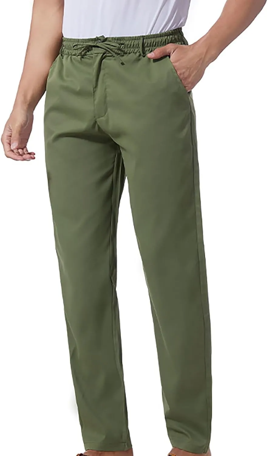 Ctreela Summer Fall Chino Pants Men Casual Drawstring Elastic Waist Daily Pants Lightweight Thin Slim-Fit Slacks Trousers