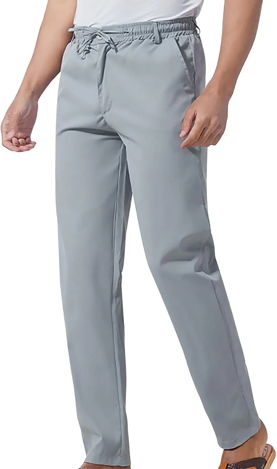 Ctreela Summer Fall Chino Pants Men Casual Drawstring Elastic Waist Daily Pants Lightweight Thin Slim-Fit Slacks Trousers