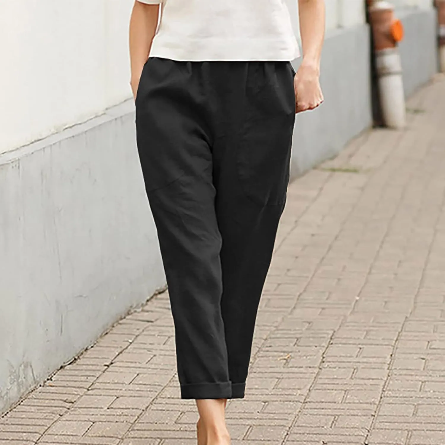 Ctreela Womens Straightstyle Plus Size Cotton Linen Pants Summer Baggy Wide Leg Lounge Trousers Elastic Waist Beach Outfits