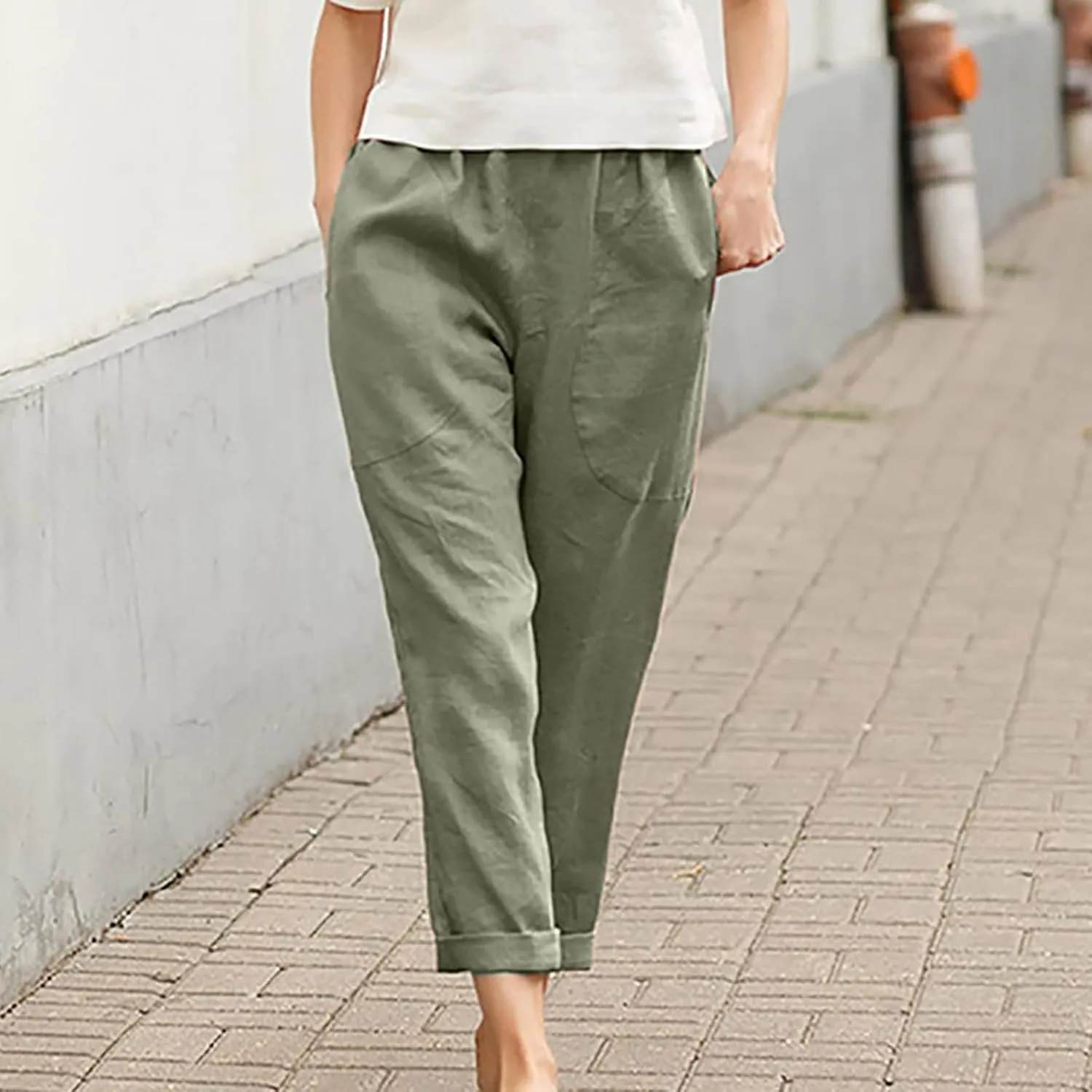 Ctreela Womens Straightstyle Plus Size Cotton Linen Pants Summer Baggy Wide Leg Lounge Trousers Elastic Waist Beach Outfits