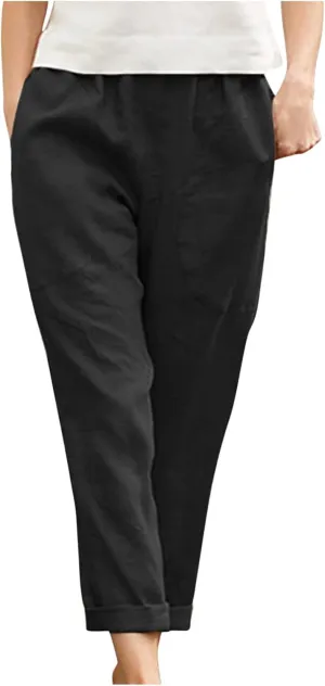 Ctreela Womens Straightstyle Plus Size Cotton Linen Pants Summer Baggy Wide Leg Lounge Trousers Elastic Waist Beach Outfits