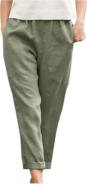 Ctreela Womens Straightstyle Plus Size Cotton Linen Pants Summer Baggy Wide Leg Lounge Trousers Elastic Waist Beach Outfits