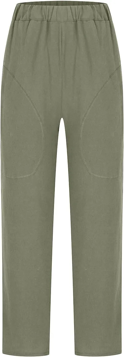 Ctreela Womens Straightstyle Plus Size Cotton Linen Pants Summer Baggy Wide Leg Lounge Trousers Elastic Waist Beach Outfits