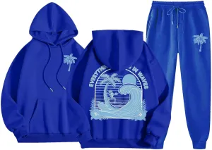 Cute 2 Piece Outfits Women, Teen Girls Preppy Puff Pullover Hoodies Pocket Drawstring Oversized Sweatpant Outfit Sets