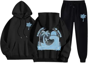 Cute 2 Piece Outfits Women, Teen Girls Preppy Puff Pullover Hoodies Pocket Drawstring Oversized Sweatpant Outfit Sets