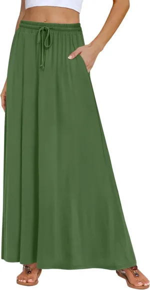 DB MOON Womens Maxi Skirt 2025 Casual Flowy Elastic High Waist Long Skirts with Pockets