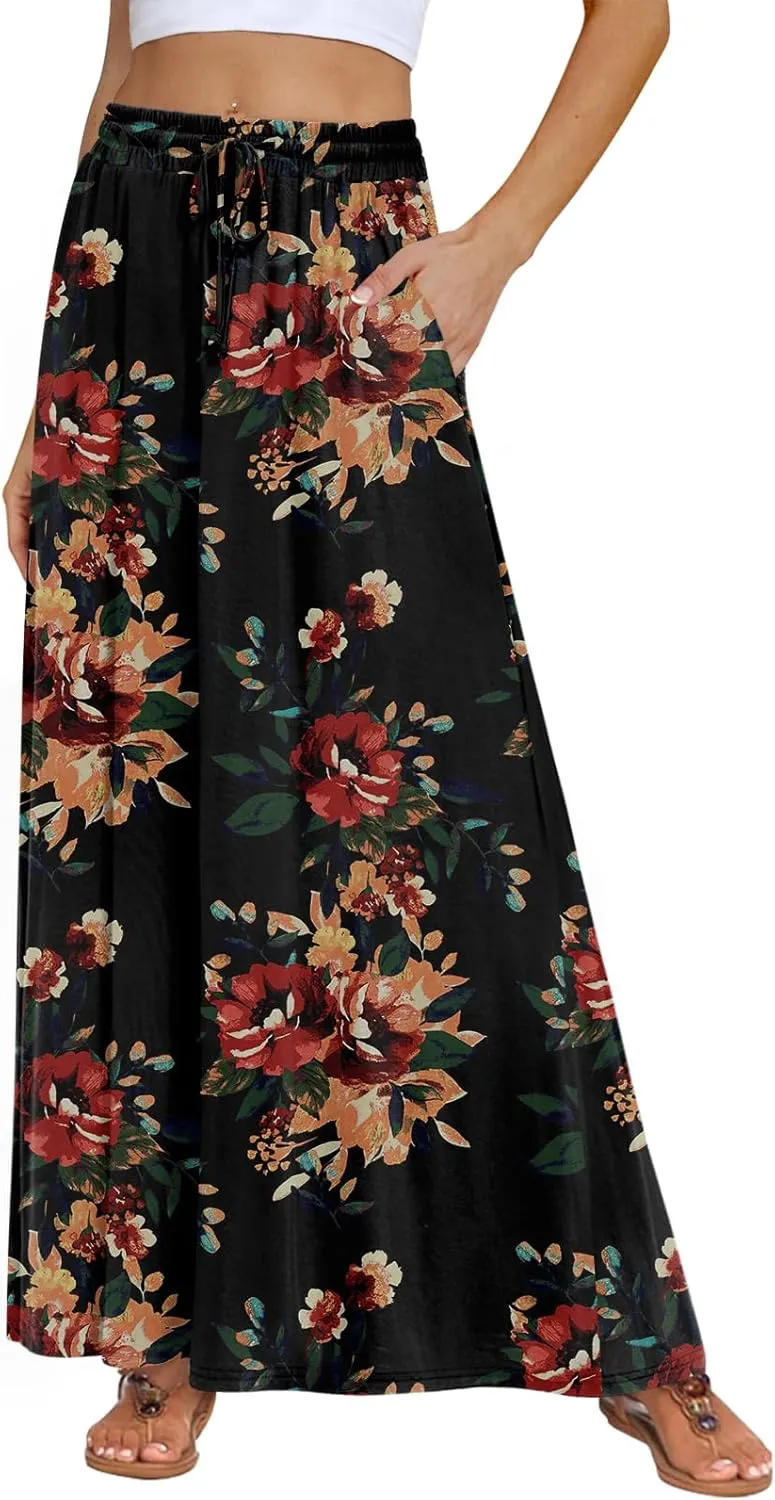 DB MOON Womens Maxi Skirt 2025 Casual Flowy Elastic High Waist Long Skirts with Pockets