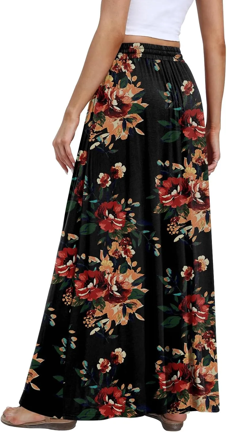 DB MOON Womens Maxi Skirt 2025 Casual Flowy Elastic High Waist Long Skirts with Pockets