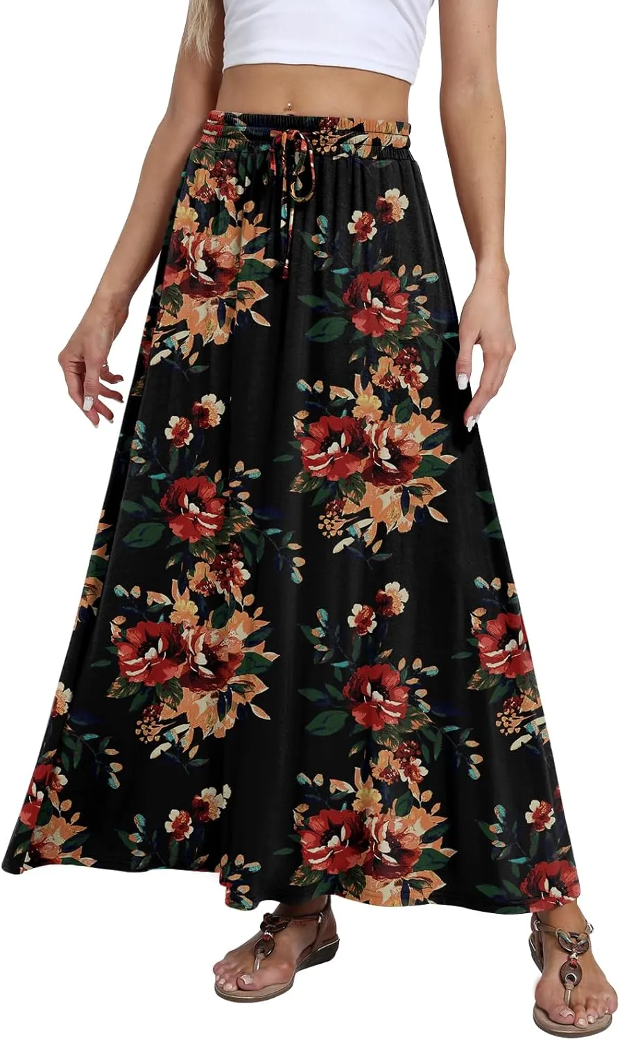 DB MOON Womens Maxi Skirt 2025 Casual Flowy Elastic High Waist Long Skirts with Pockets