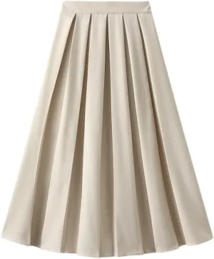 DBFBDTU Pleated Skirt for Women Spring Autumn Style Elastic High Waist Midi Skirt A- Line Skirt Woman