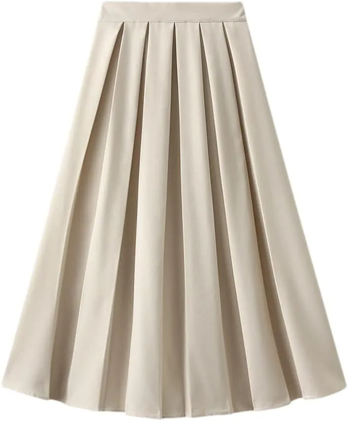 DBFBDTU Pleated Skirt for Women Spring Autumn Style Elastic High Waist Midi Skirt A- Line Skirt Woman