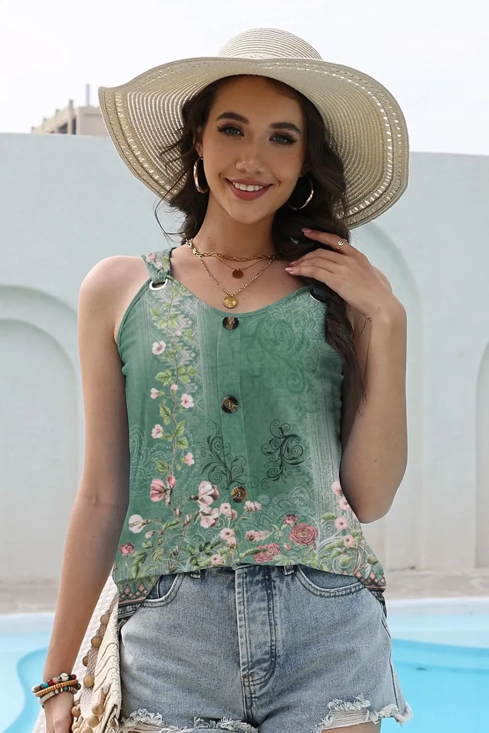 Disamer Tank Tops for Women 2025 Vacation Summer Spring Outfits Lace V Neck Button Down Loose Fit Sleeveless T Shirts