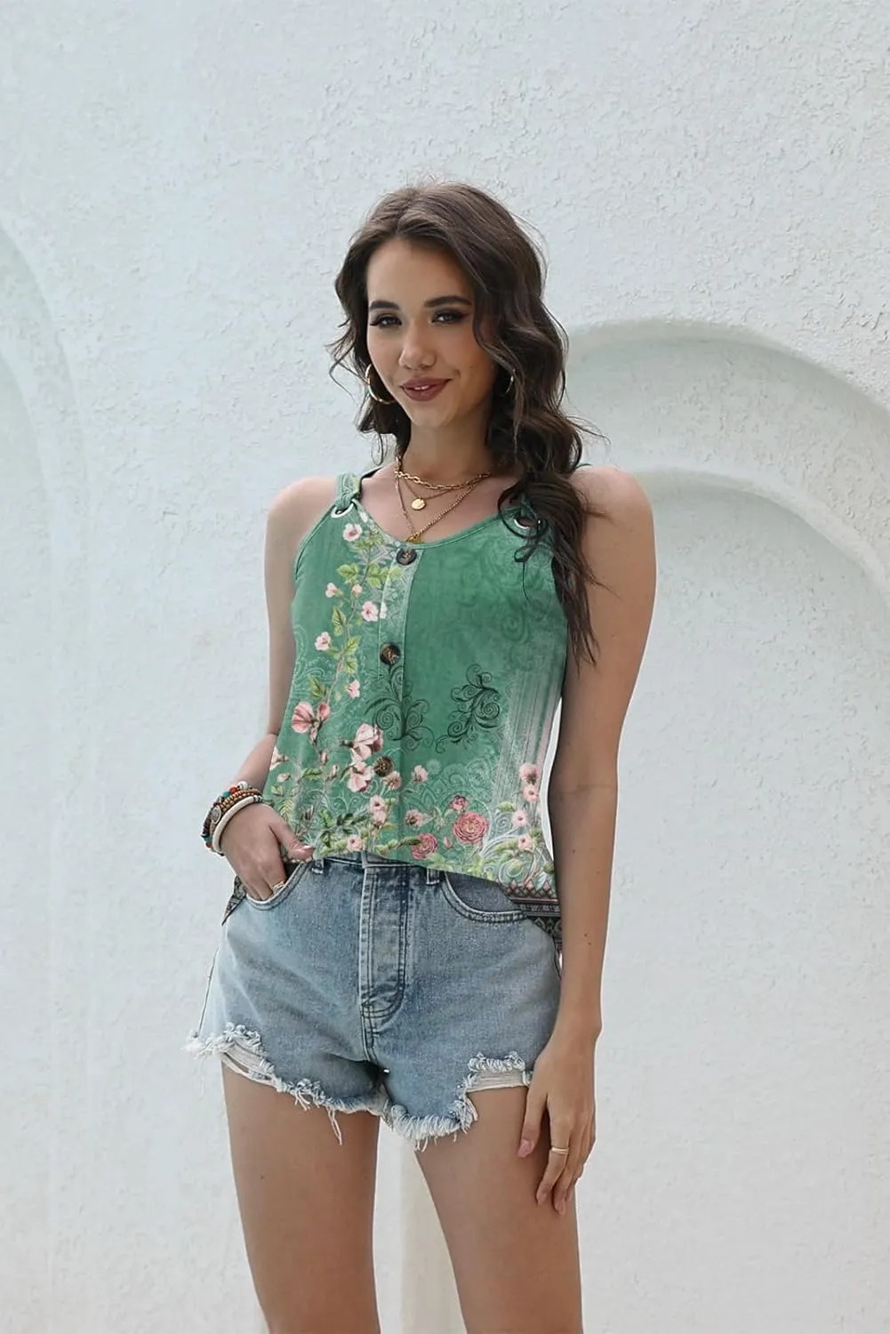 Disamer Tank Tops for Women 2025 Vacation Summer Spring Outfits Lace V Neck Button Down Loose Fit Sleeveless T Shirts