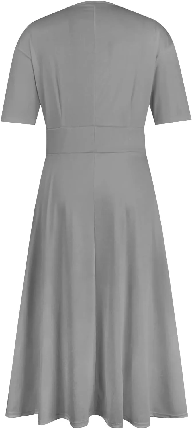 Dresses for Women 2024 Printing Short Sleeve Maxi Dresses A-Line Swing Dress Waist V Neck Comfy Beach Dress
