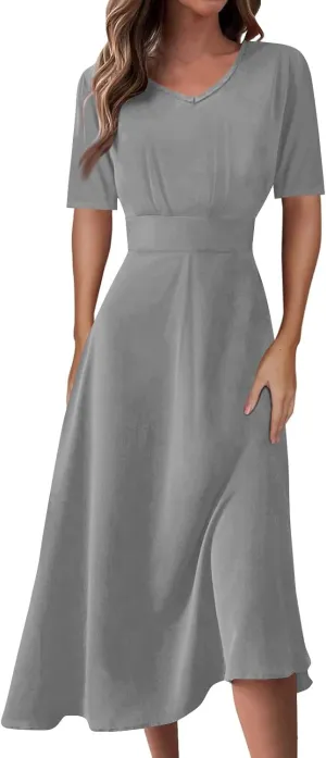 Dresses for Women 2024 Printing Short Sleeve Maxi Dresses A-Line Swing Dress Waist V Neck Comfy Beach Dress