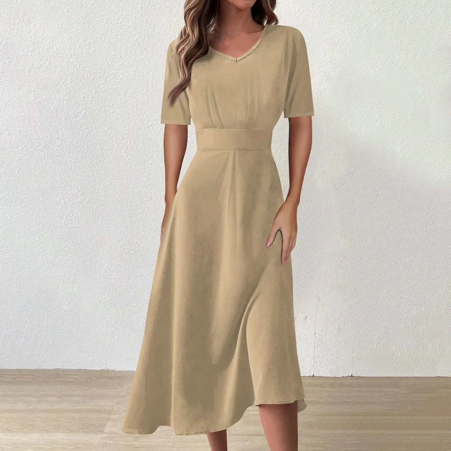 Dresses for Women 2024 Printing Short Sleeve Maxi Dresses A-Line Swing Dress Waist V Neck Comfy Beach Dress
