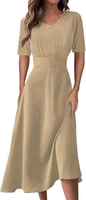 Dresses for Women 2024 Printing Short Sleeve Maxi Dresses A-Line Swing Dress Waist V Neck Comfy Beach Dress
