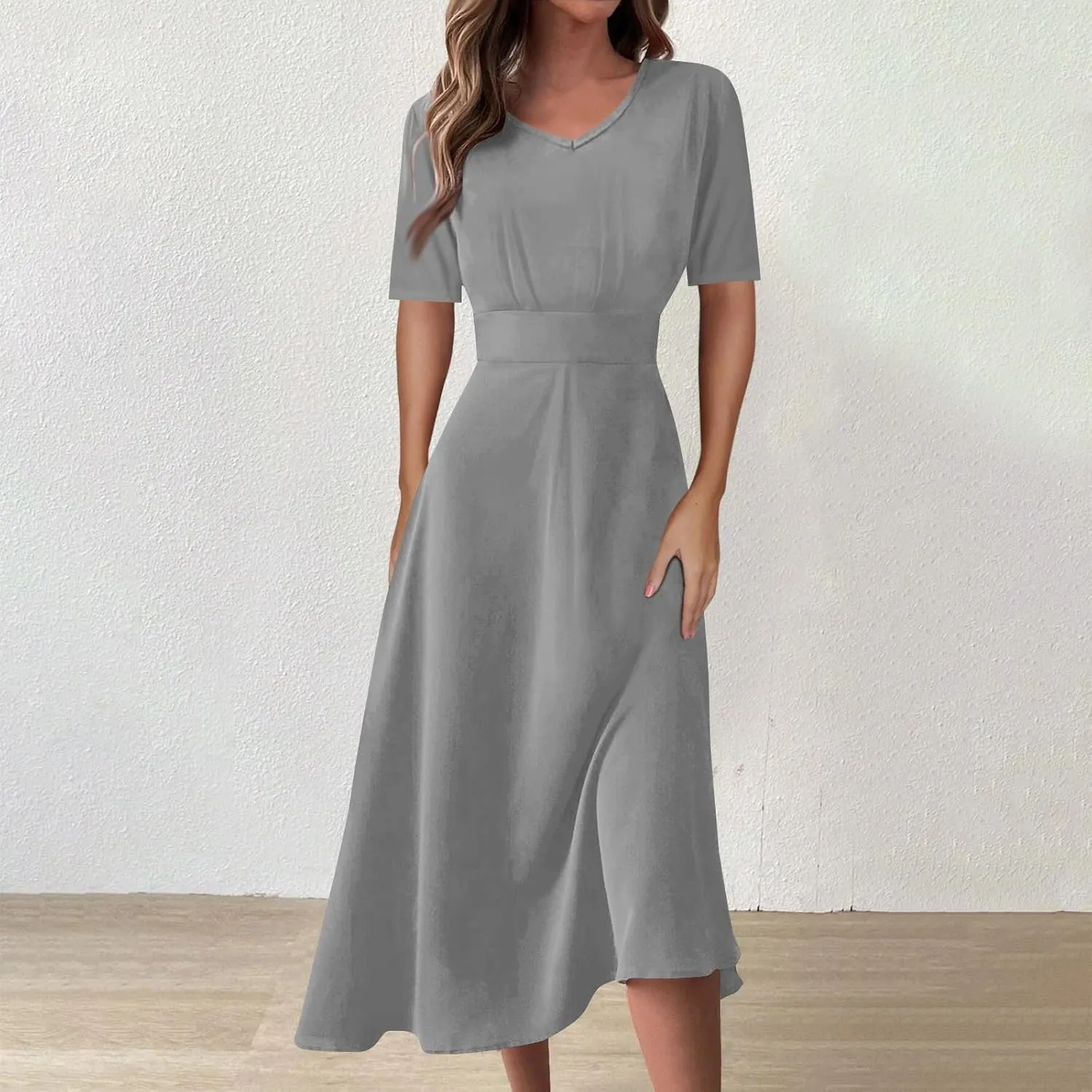 Dresses for Women 2024 Printing Short Sleeve Maxi Dresses A-Line Swing Dress Waist V Neck Comfy Beach Dress