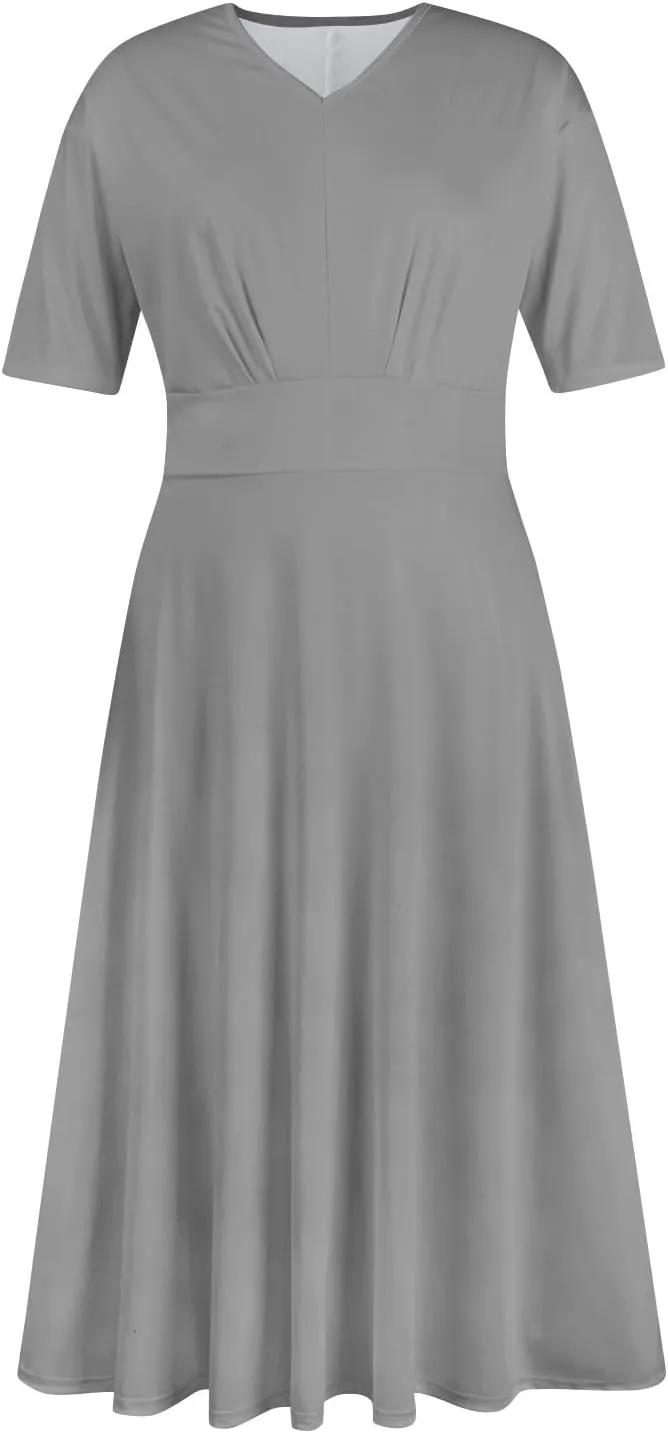 Dresses for Women 2024 Printing Short Sleeve Maxi Dresses A-Line Swing Dress Waist V Neck Comfy Beach Dress
