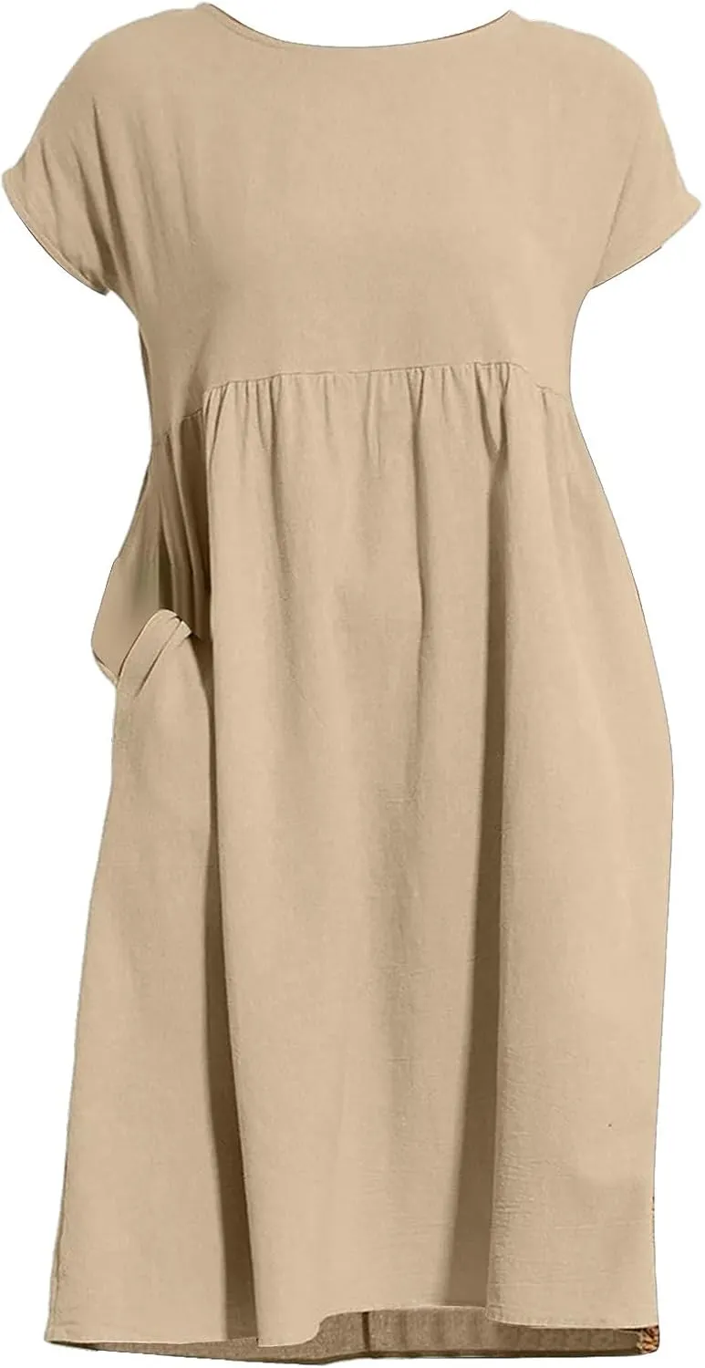 Dresses for Women Summer Short Sleeves Crew Neck Cotton Linen Solid Casual Vacation Beach Flowy Sundress with Pockets