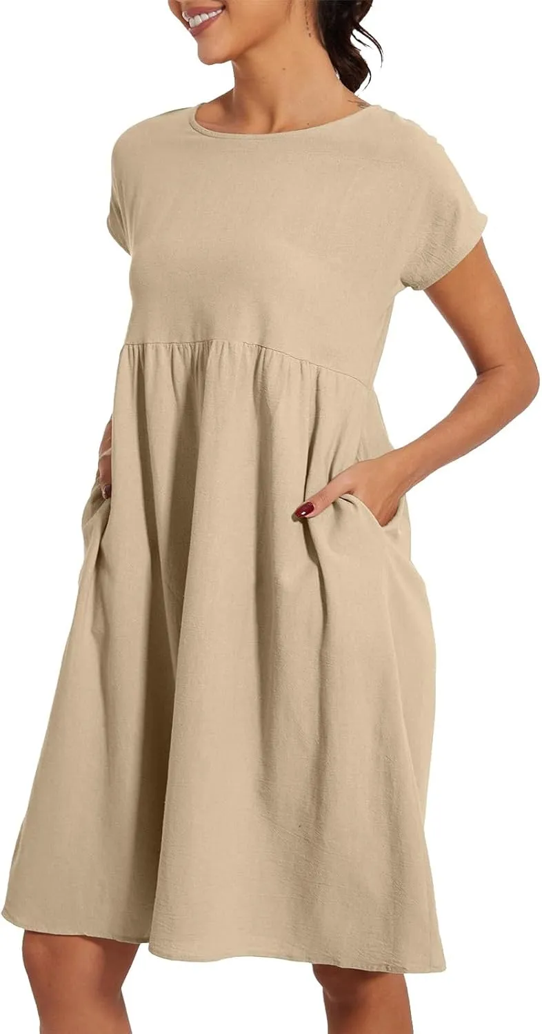 Dresses for Women Summer Short Sleeves Crew Neck Cotton Linen Solid Casual Vacation Beach Flowy Sundress with Pockets