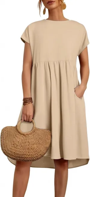 Dresses for Women Summer Short Sleeves Crew Neck Cotton Linen Solid Casual Vacation Beach Flowy Sundress with Pockets