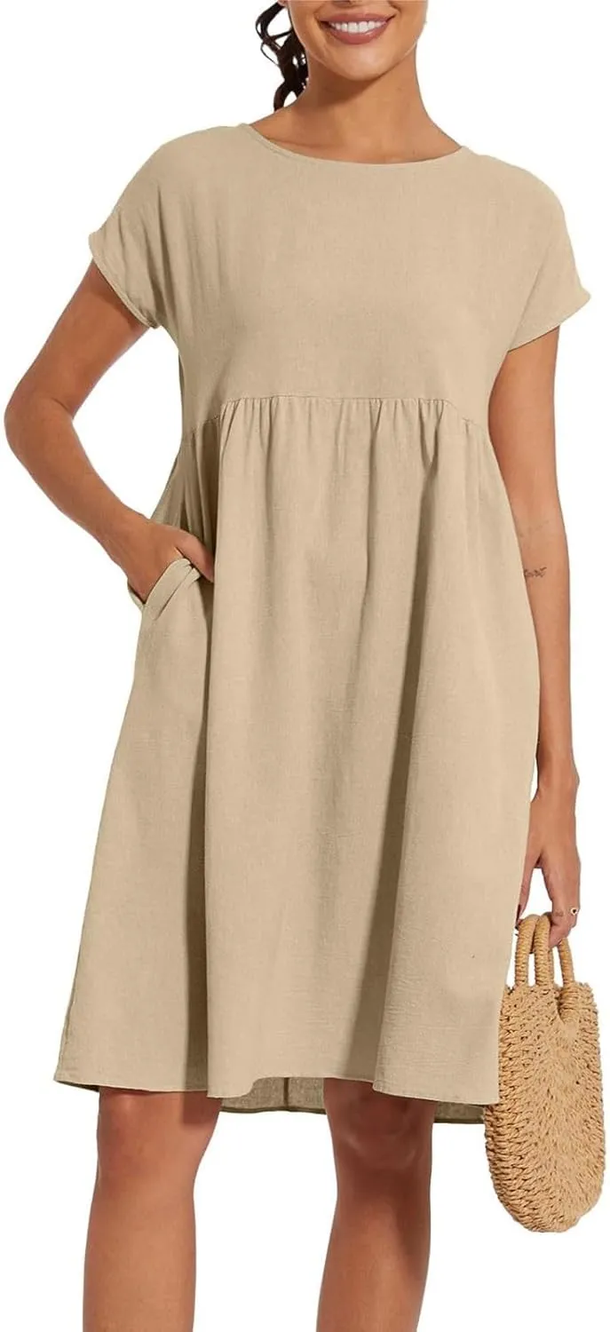 Dresses for Women Summer Short Sleeves Crew Neck Cotton Linen Solid Casual Vacation Beach Flowy Sundress with Pockets
