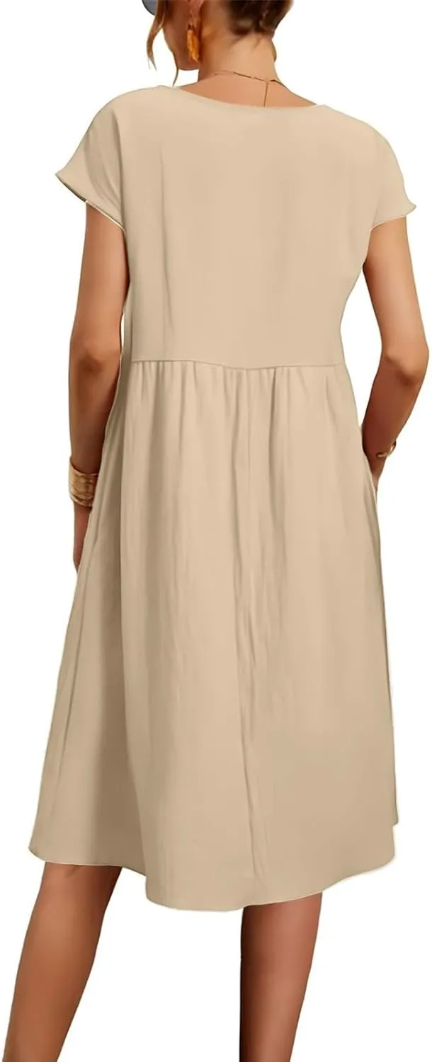 Dresses for Women Summer Short Sleeves Crew Neck Cotton Linen Solid Casual Vacation Beach Flowy Sundress with Pockets