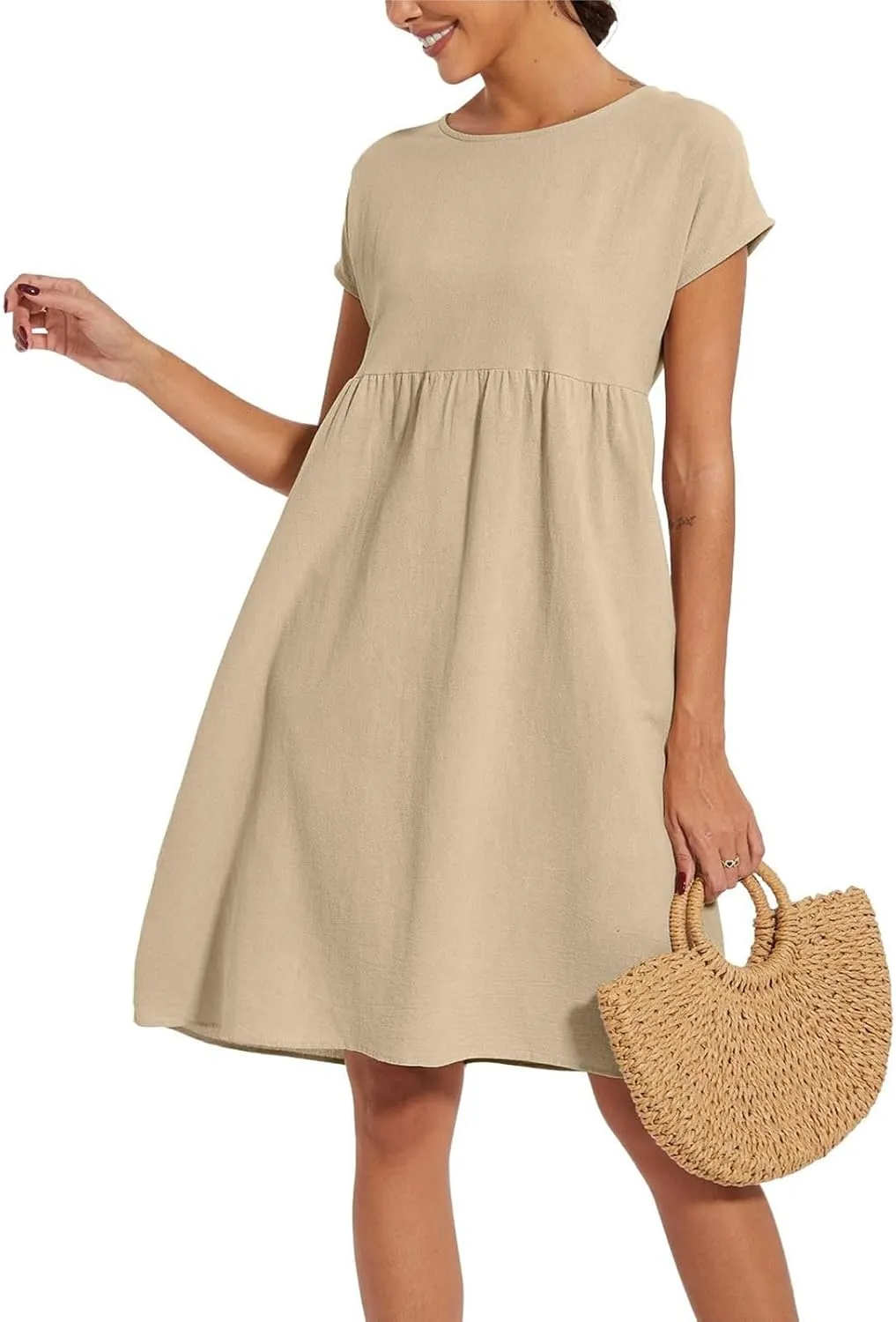 Dresses for Women Summer Short Sleeves Crew Neck Cotton Linen Solid Casual Vacation Beach Flowy Sundress with Pockets