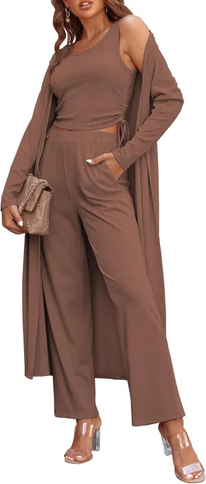 Ekouaer Women's 3 Piece Knit Lounge Set Pajama Long Sleeve Cardigan Sleeveless Top Pants Sweatsuit S-XXL