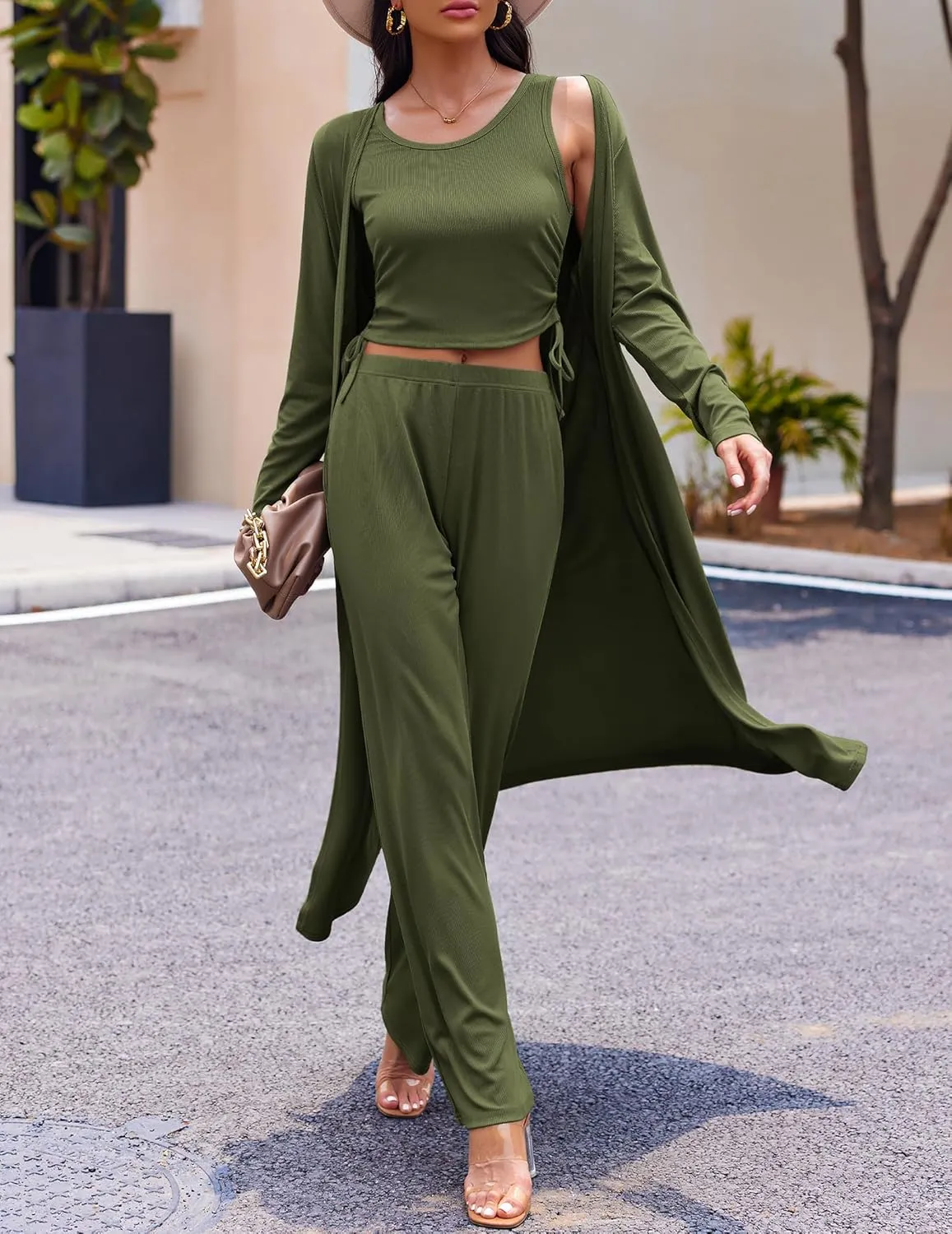 Ekouaer Women's 3 Piece Knit Lounge Set Pajama Long Sleeve Cardigan Sleeveless Top Pants Sweatsuit S-XXL