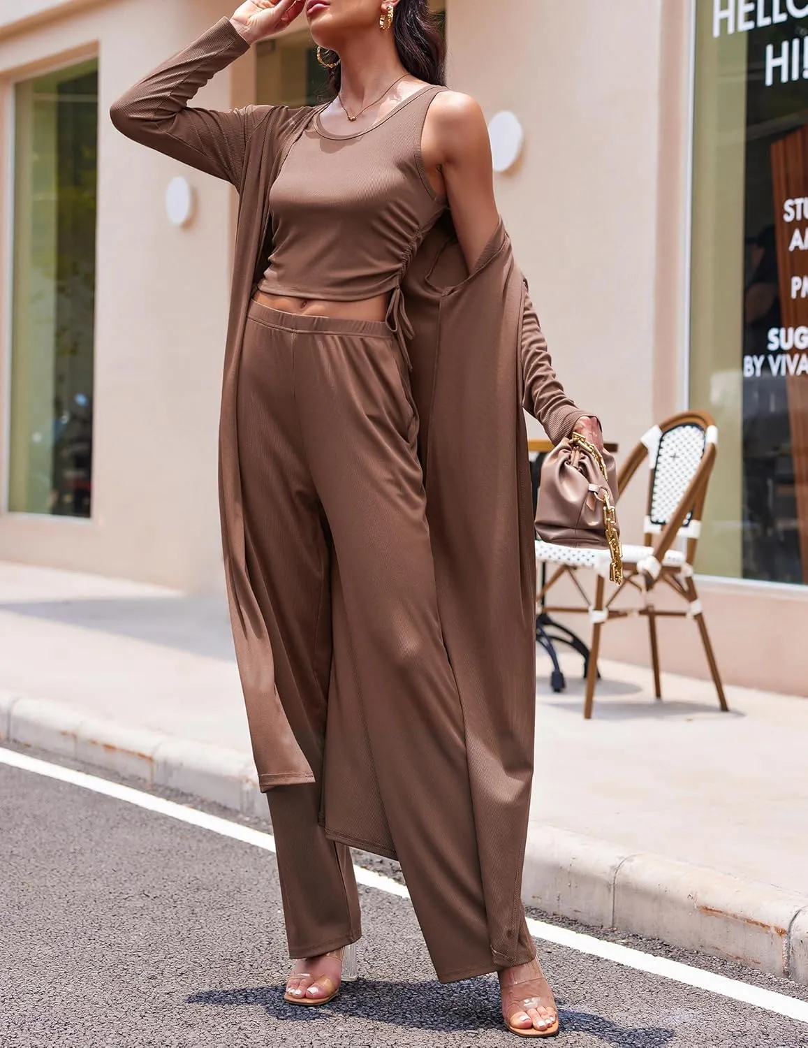 Ekouaer Women's 3 Piece Knit Lounge Set Pajama Long Sleeve Cardigan Sleeveless Top Pants Sweatsuit S-XXL