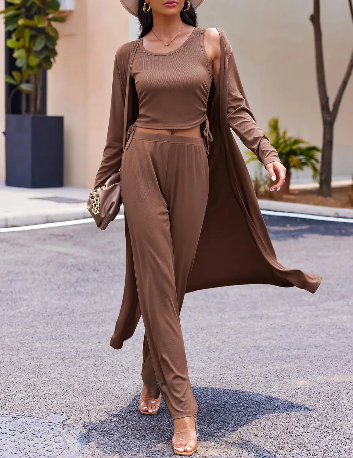 Ekouaer Women's 3 Piece Knit Lounge Set Pajama Long Sleeve Cardigan Sleeveless Top Pants Sweatsuit S-XXL