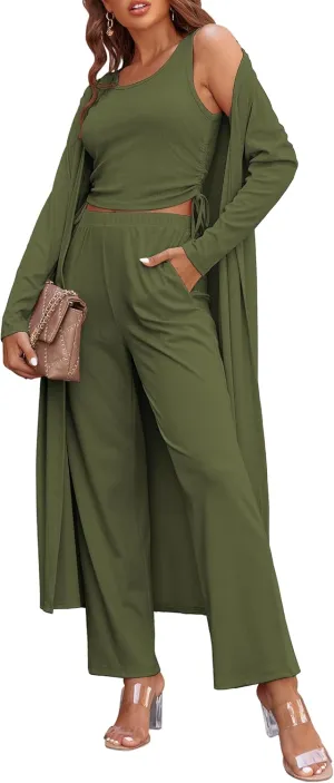 Ekouaer Women's 3 Piece Knit Lounge Set Pajama Long Sleeve Cardigan Sleeveless Top Pants Sweatsuit S-XXL