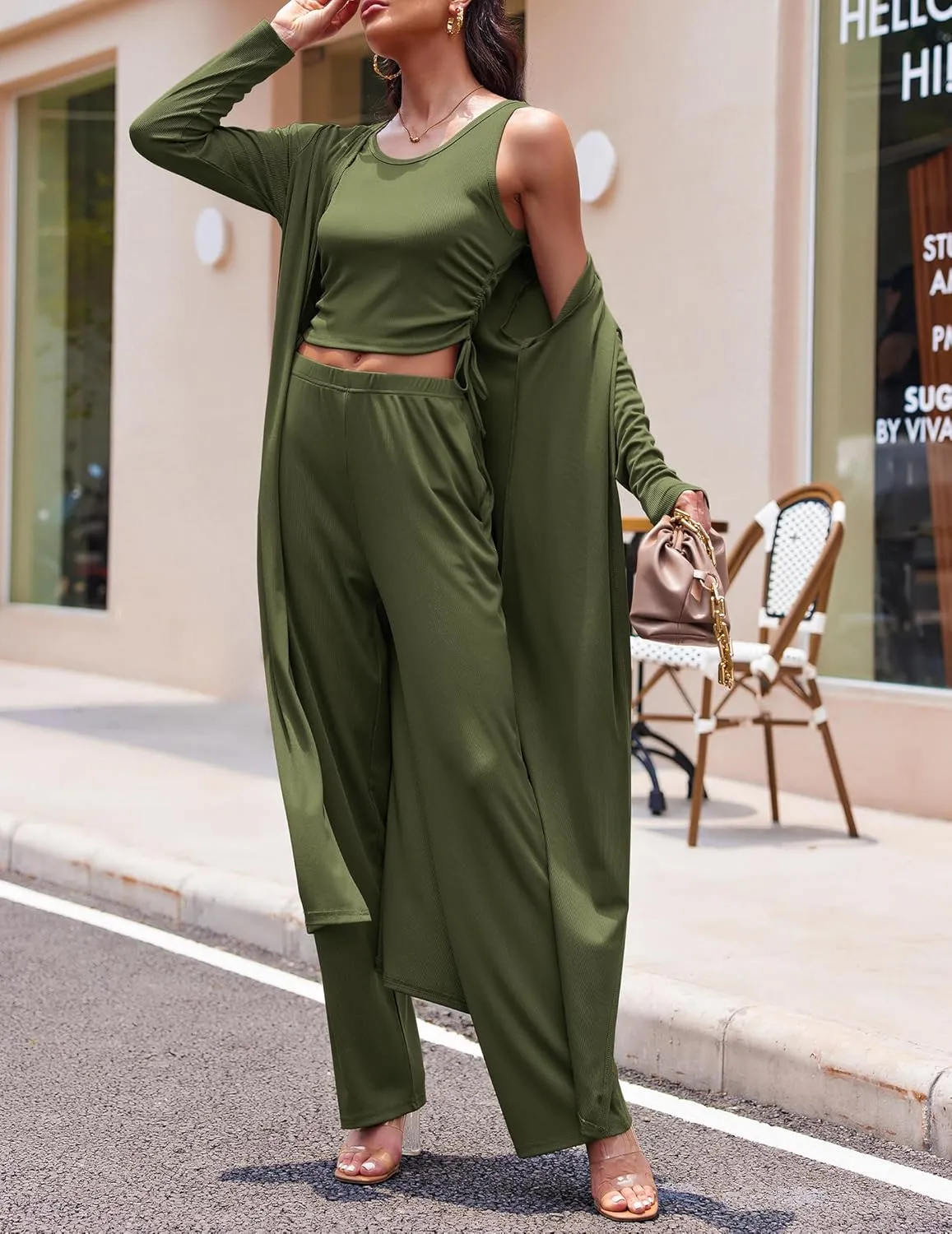 Ekouaer Women's 3 Piece Knit Lounge Set Pajama Long Sleeve Cardigan Sleeveless Top Pants Sweatsuit S-XXL