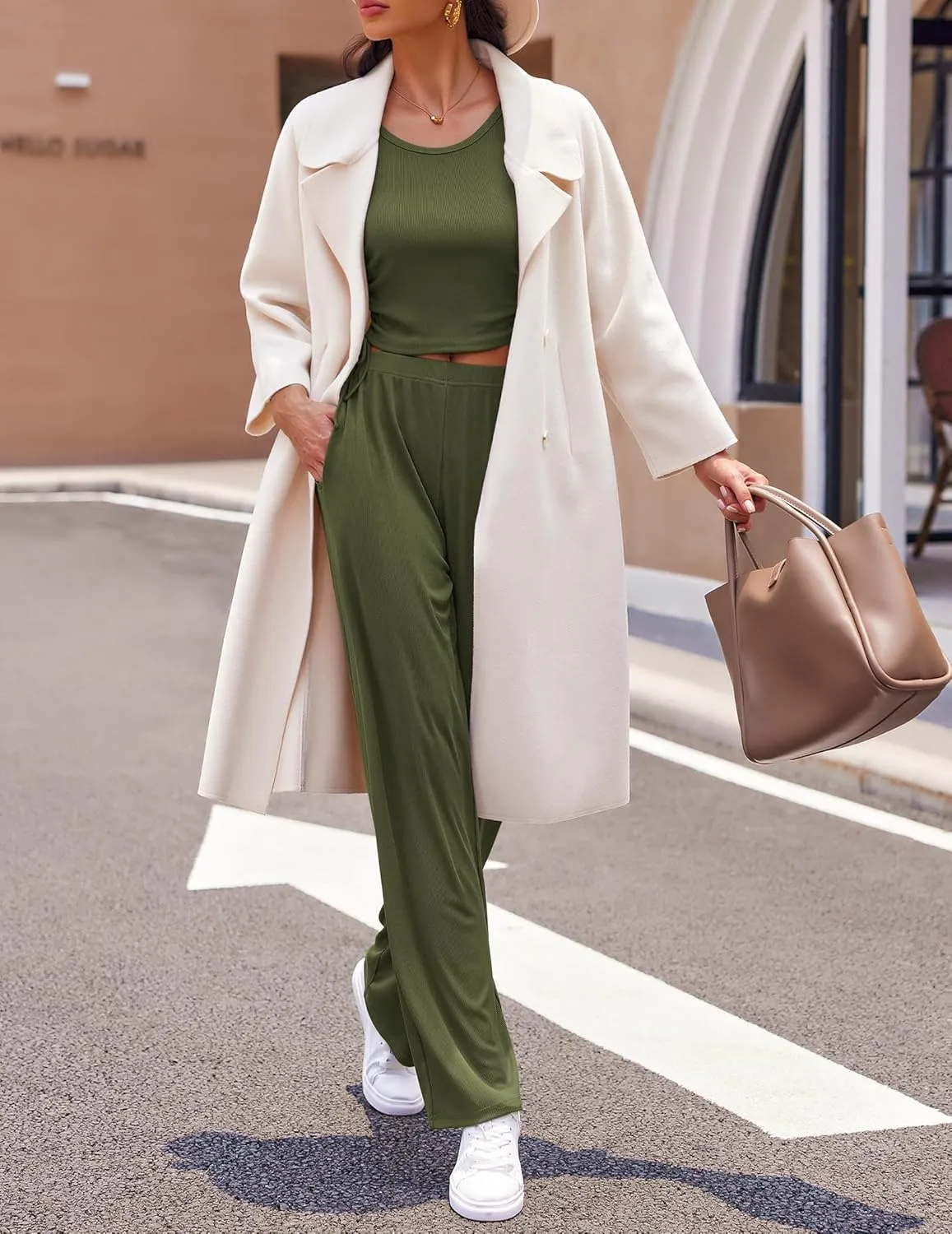 Ekouaer Women's 3 Piece Knit Lounge Set Pajama Long Sleeve Cardigan Sleeveless Top Pants Sweatsuit S-XXL