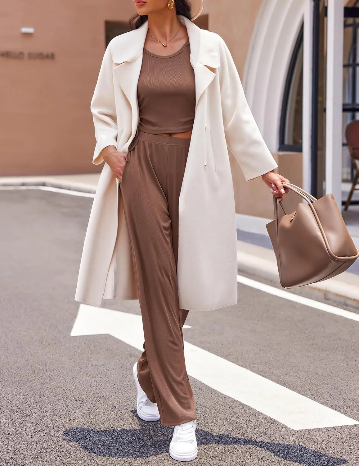 Ekouaer Women's 3 Piece Knit Lounge Set Pajama Long Sleeve Cardigan Sleeveless Top Pants Sweatsuit S-XXL