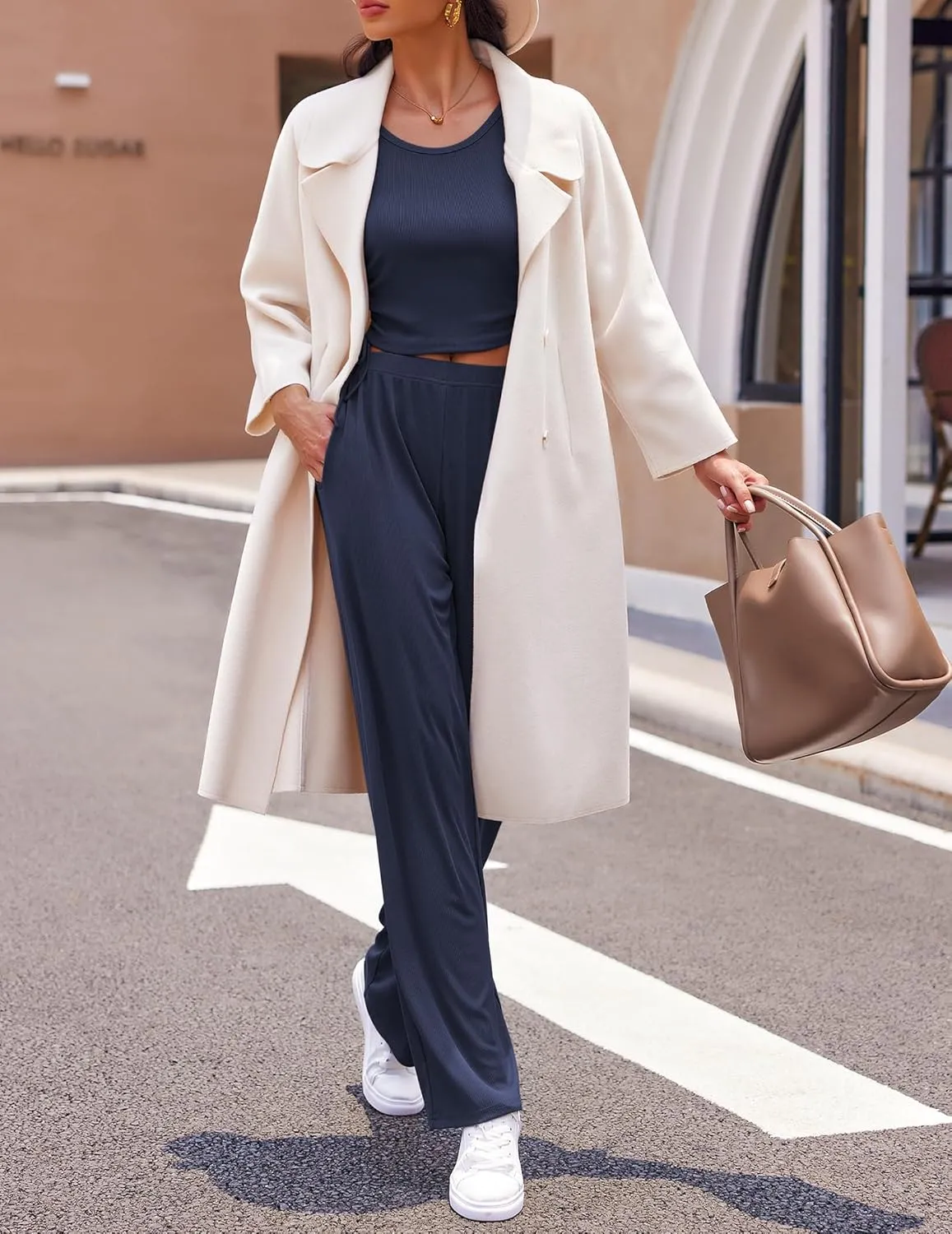 Ekouaer Women's 3 Piece Knit Lounge Set Pajama Long Sleeve Cardigan Sleeveless Top Pants Sweatsuit S-XXL