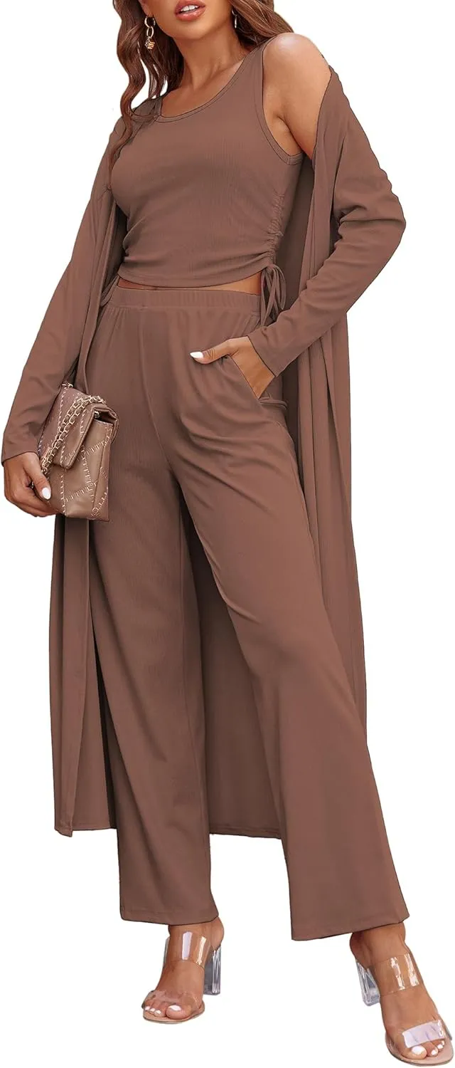Ekouaer Women's 3 Piece Knit Lounge Set Pajama Long Sleeve Cardigan Sleeveless Top Pants Sweatsuit S-XXL