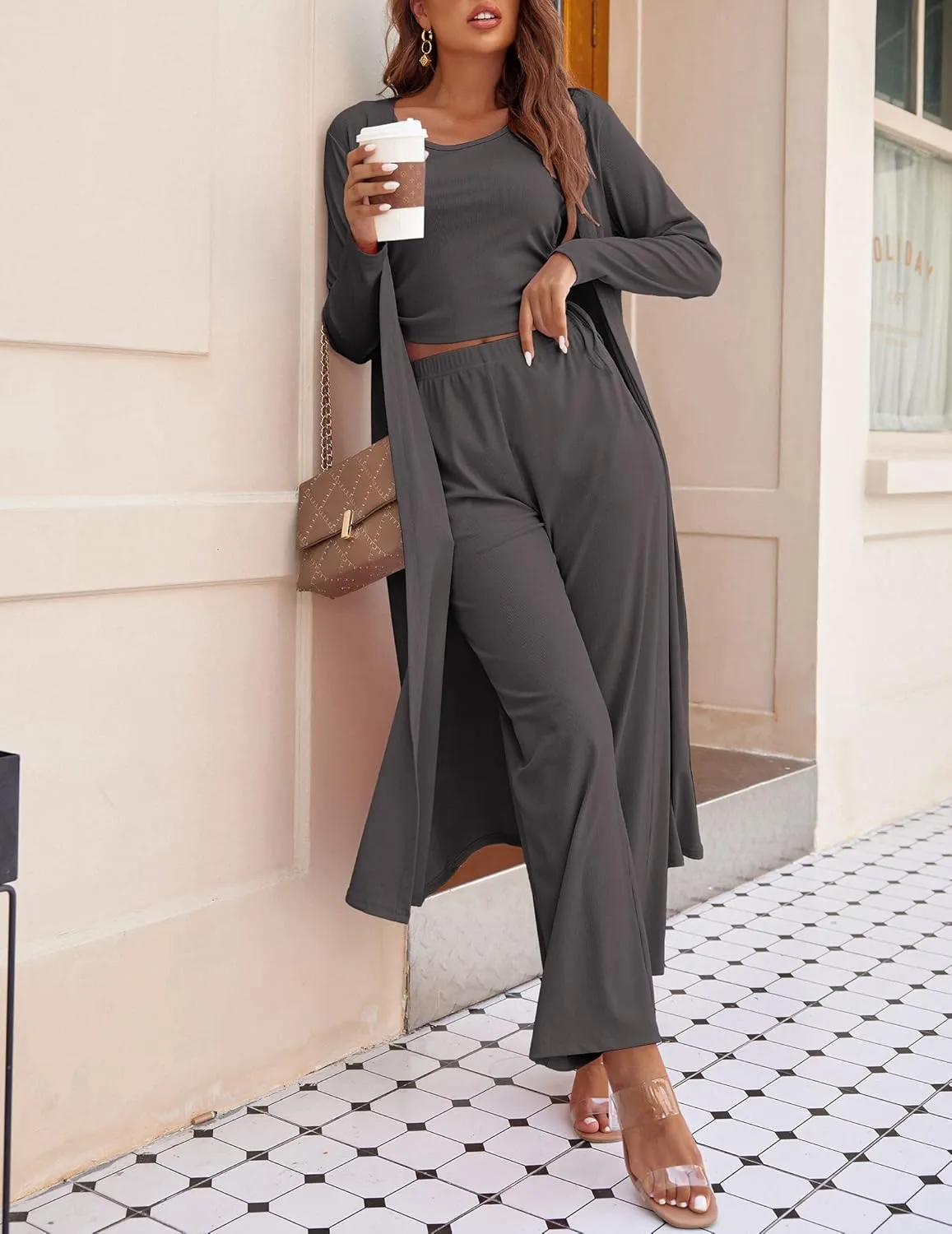 Ekouaer Women's 3 Piece Knit Lounge Set Pajama Long Sleeve Cardigan Sleeveless Top Pants Sweatsuit S-XXL