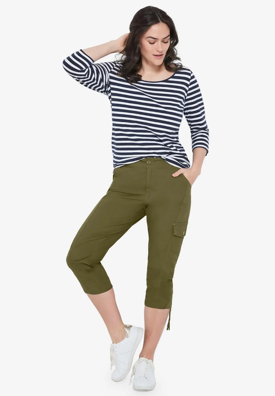 ellos Women's Plus Size Stretch Cargo Capris Front and Side Pockets Casual Cropped Pants
