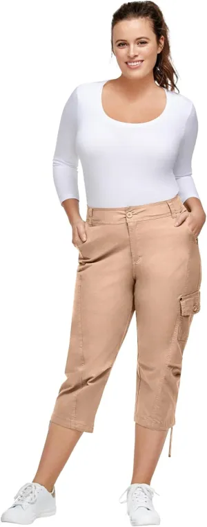 ellos Women's Plus Size Stretch Cargo Capris Front and Side Pockets Casual Cropped Pants