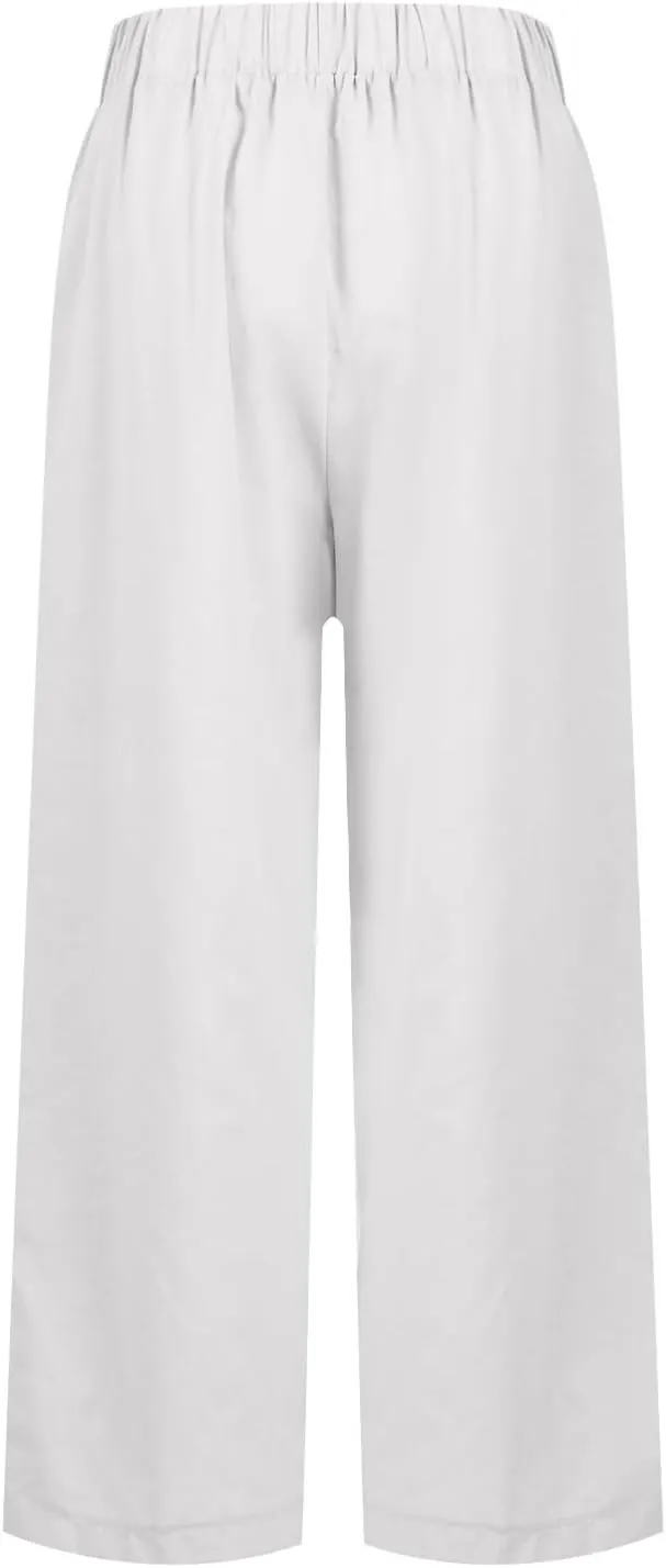 eoeioa Elastic Waisted Linen Pants Women Summer Comfy Flowy Palazzo Pants Boho Baggy Casual Pants Boho Beach Pants w/Pockets