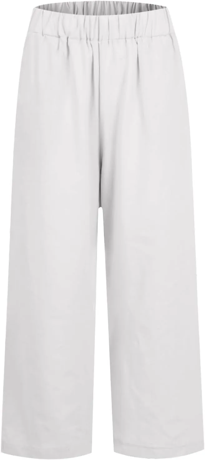 eoeioa Elastic Waisted Linen Pants Women Summer Comfy Flowy Palazzo Pants Boho Baggy Casual Pants Boho Beach Pants w/Pockets