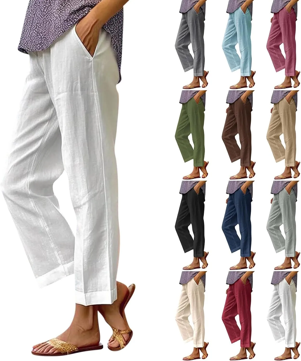 eoeioa Elastic Waisted Linen Pants Women Summer Comfy Flowy Palazzo Pants Boho Baggy Casual Pants Boho Beach Pants w/Pockets