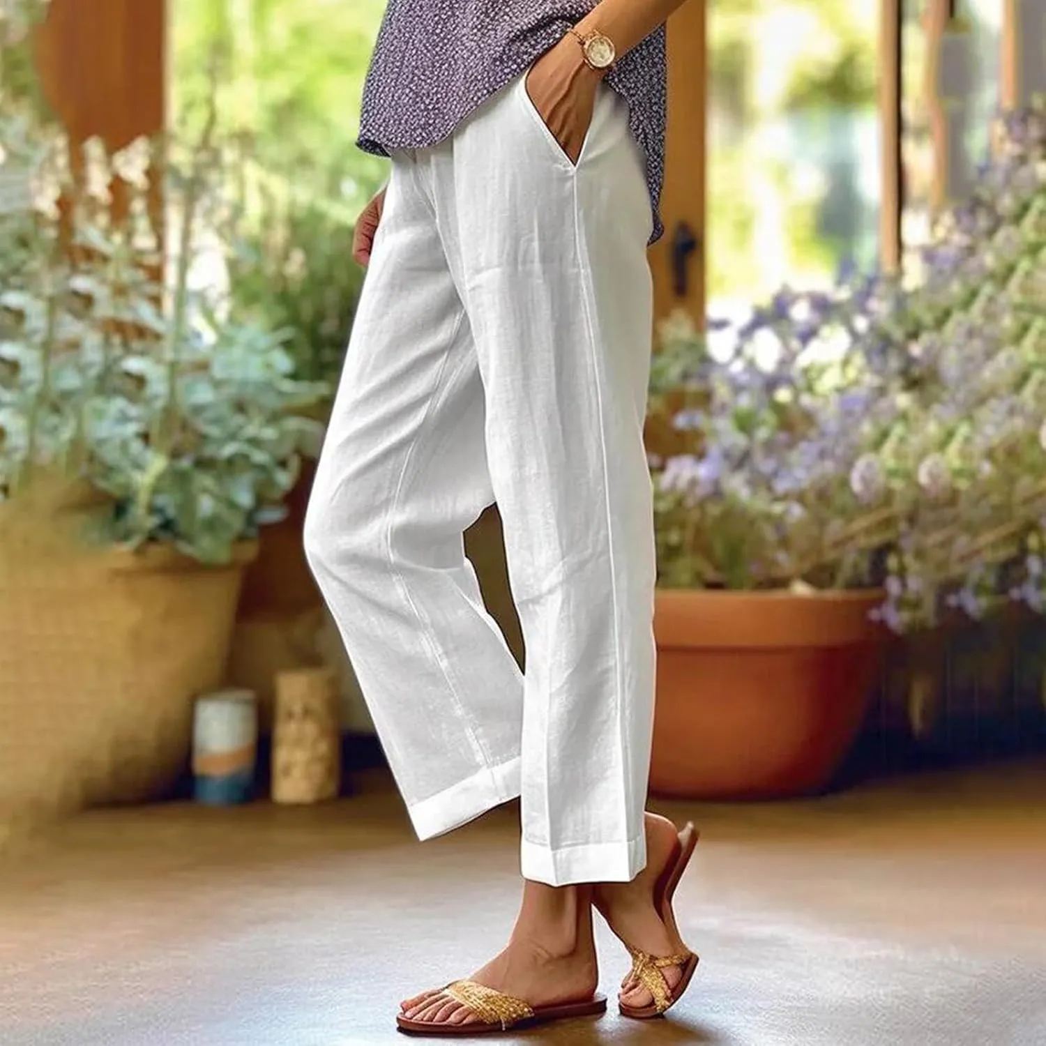 eoeioa Elastic Waisted Linen Pants Women Summer Comfy Flowy Palazzo Pants Boho Baggy Casual Pants Boho Beach Pants w/Pockets
