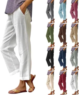 eoeioa Elastic Waisted Linen Pants Women Summer Comfy Flowy Palazzo Pants Boho Baggy Casual Pants Boho Beach Pants w/Pockets