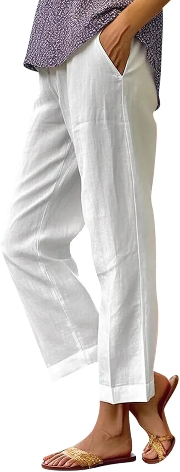 eoeioa Elastic Waisted Linen Pants Women Summer Comfy Flowy Palazzo Pants Boho Baggy Casual Pants Boho Beach Pants w/Pockets