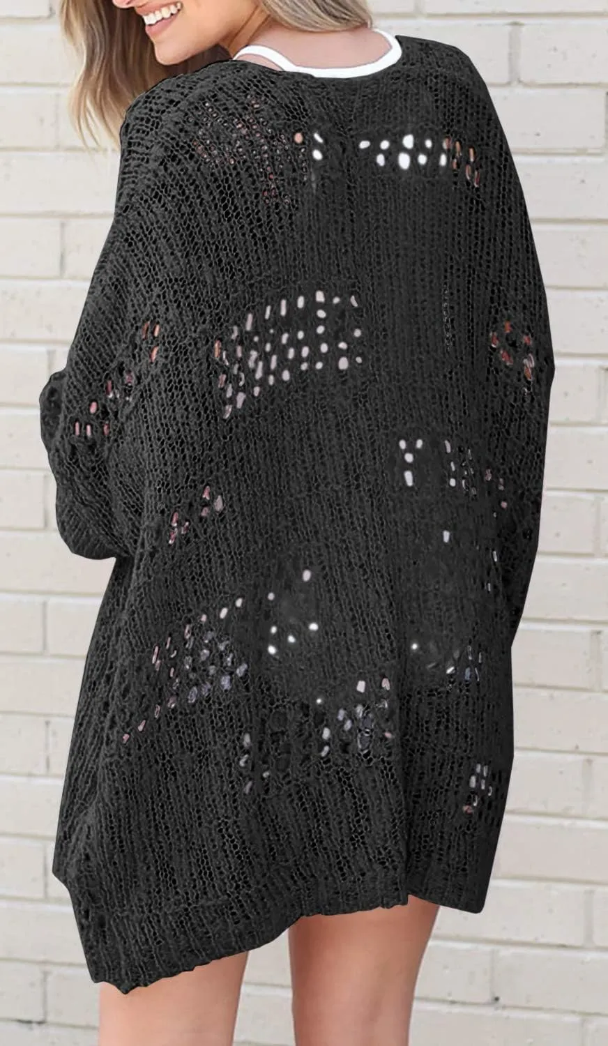 Ermonn Womens Crochet Cardigan Sweater Kimonos Boho Solid Color Oversized Fall Open Front Outwear