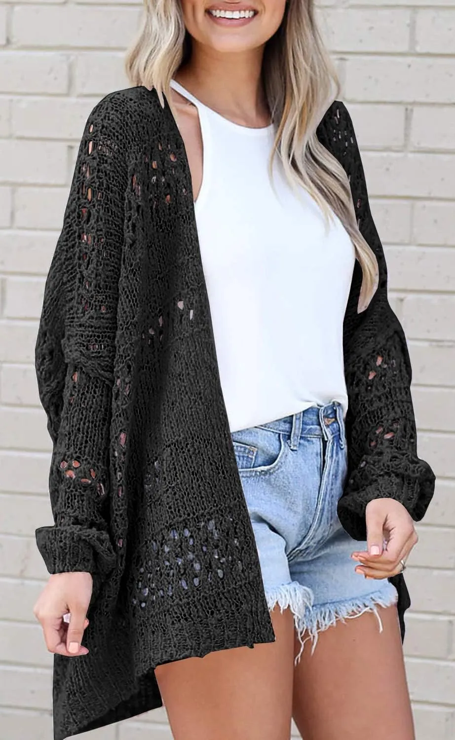 Ermonn Womens Crochet Cardigan Sweater Kimonos Boho Solid Color Oversized Fall Open Front Outwear